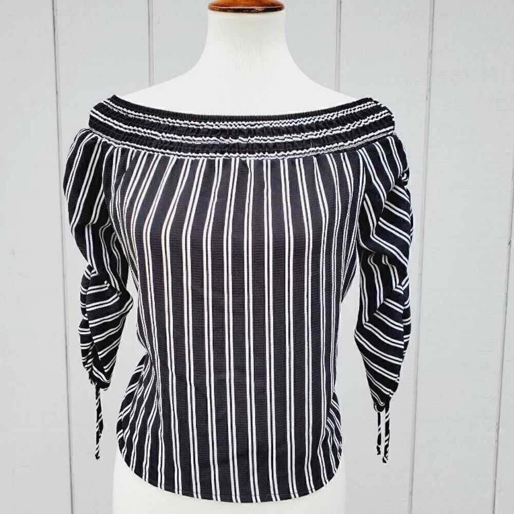 Polly & Esther Womens Blouse Black Striped 3/4 Sleeve Off Shoulder Ruched S New - Picture 2 of 7